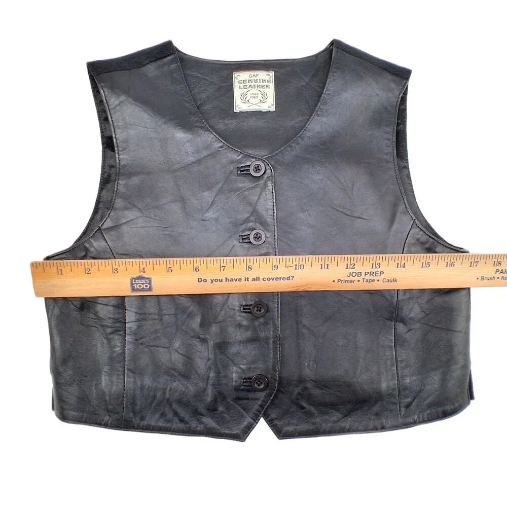 Vintage 1990s GAP Genuine Leather Vest Black Wool Back Button Front Womens S - Picture 8 of 9